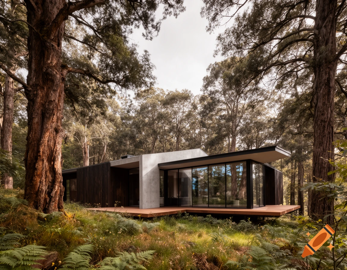 A modern house with dark wood and concrete, large windows, and a wooden deck, set in a dense forest with tall trees.
