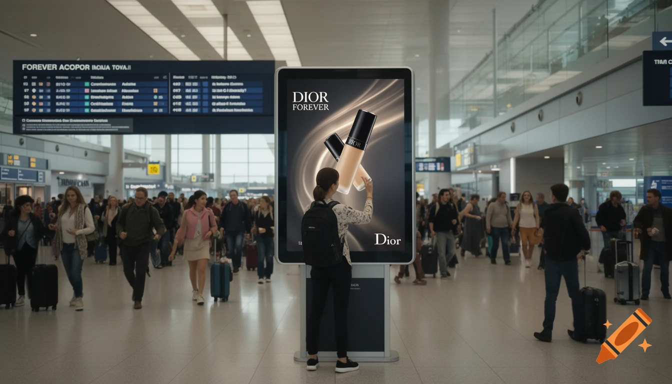 A woman stands looking at a digital advertisement for Dior Forever foundation in a bustling airport terminal.