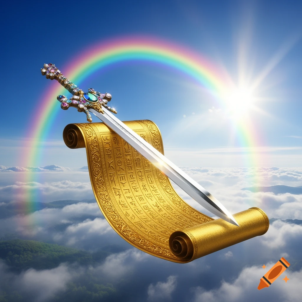 A jeweled sword rests on an unrolled golden scroll with symbols, floating above clouds under a rainbow and bright sun.
