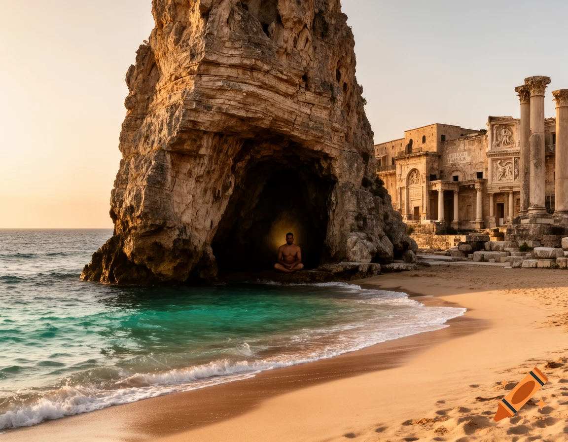 A man meditates in a glowing cave carved into a large rock by the turquoise sea, next to a sandy beach and ancient ruins at sunset.