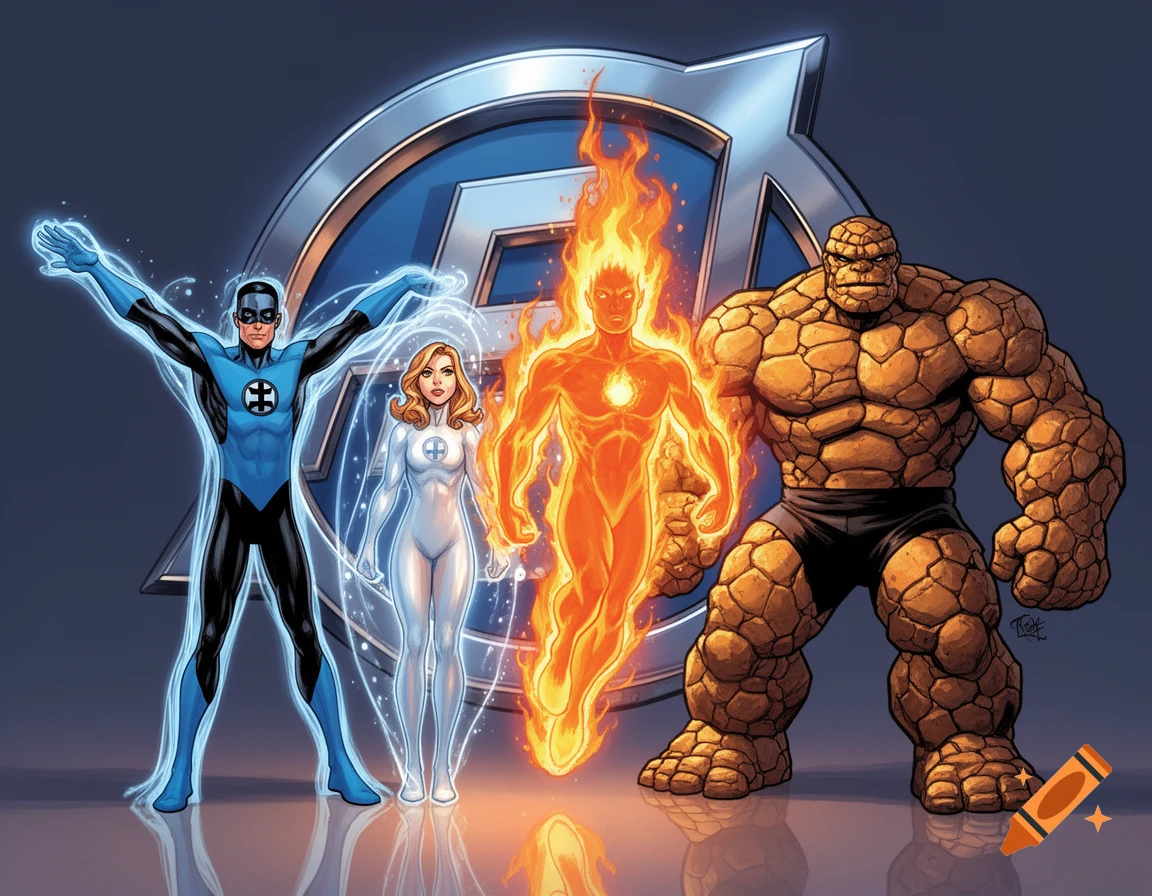 The Fantastic Four: Mr. Fantastic, Invisible Woman, Human Torch, and The Thing, in front of an FF logo in comic art style.