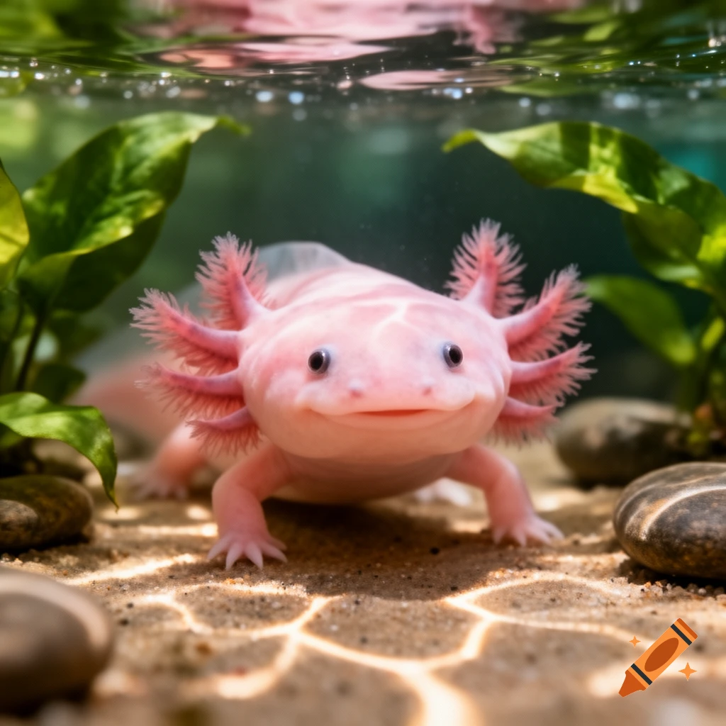 A cute, smiling pink axolotl amphibian underwater on sand with green plants and pebbles.