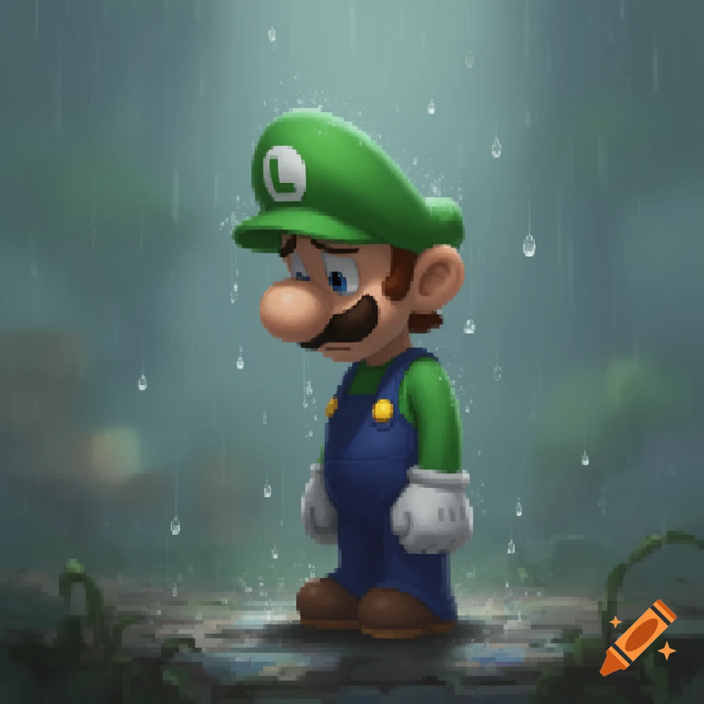 Luigi stands sadly in the rain, looking down, rendered in a pixel art style.