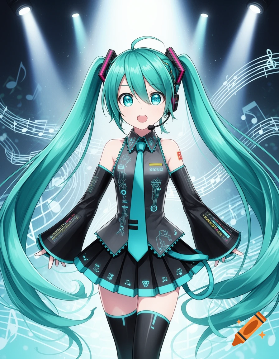 Anime character Hatsune Miku with long teal pigtails, blue eyes, wearing a black and teal outfit, smiling on a stage with spotlights.