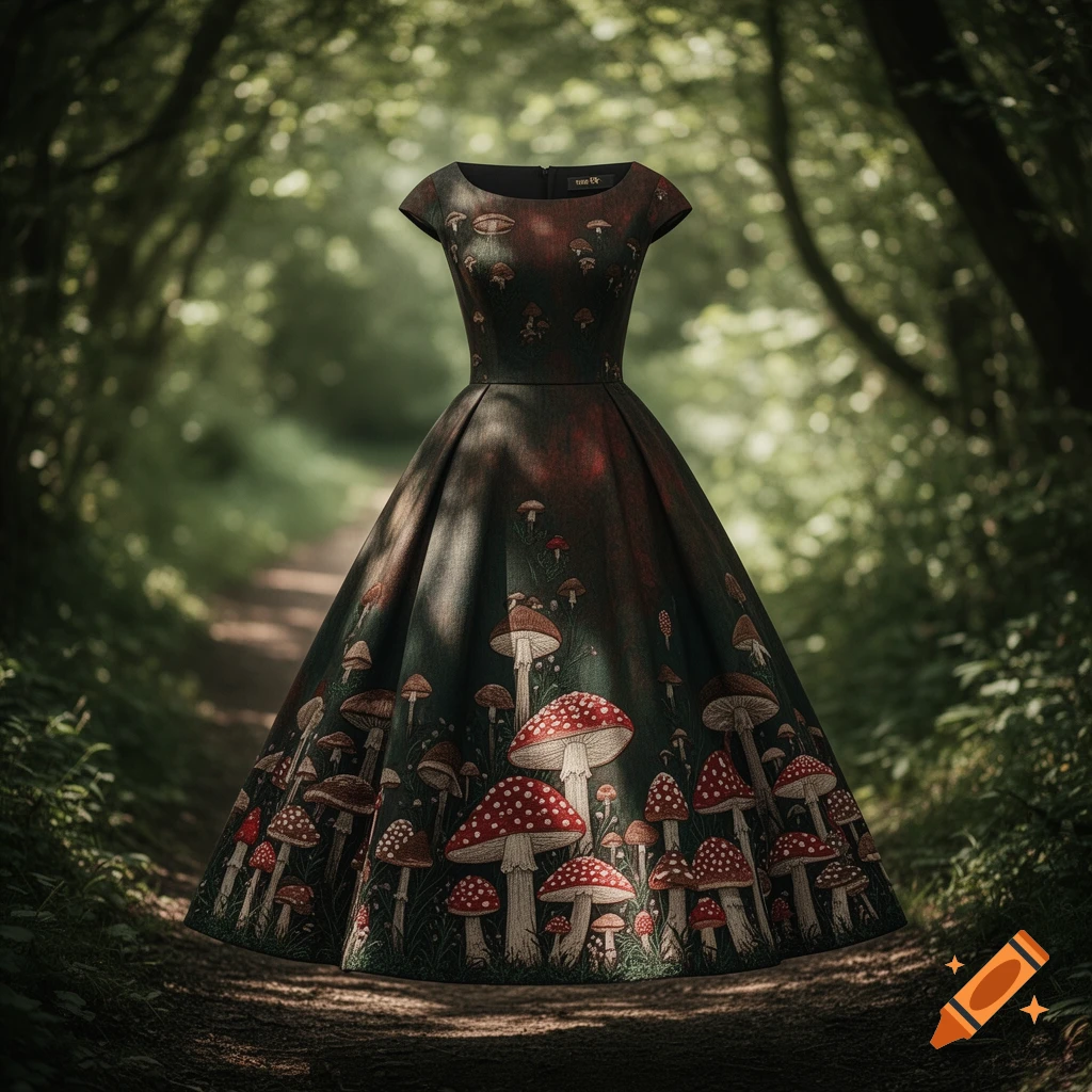 A dark, bell-shaped dress with a pattern of red and white toadstools stands on a forest path. Photorealistic style.
