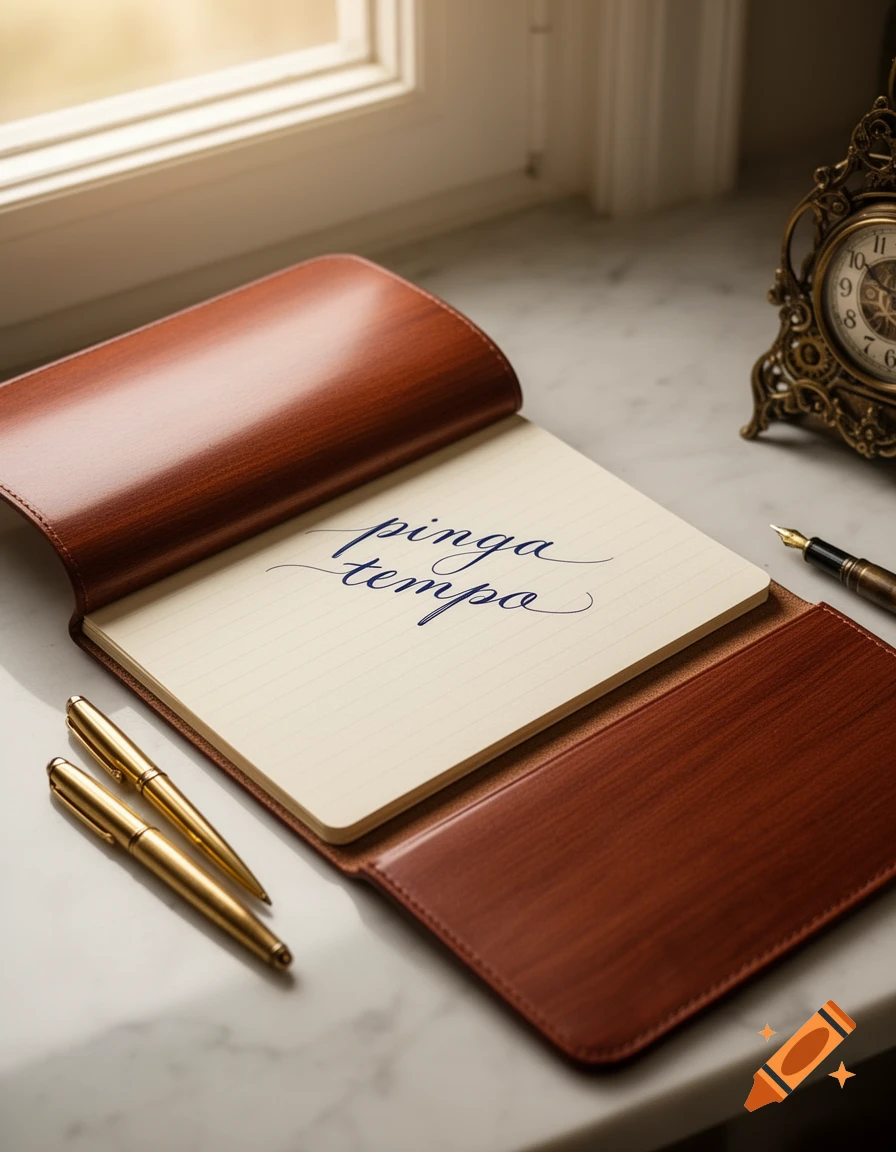 Elegant leather notepad with "pinga tempo" in cursive, two golden pens, and a bronze clock on a marble desk by a window.