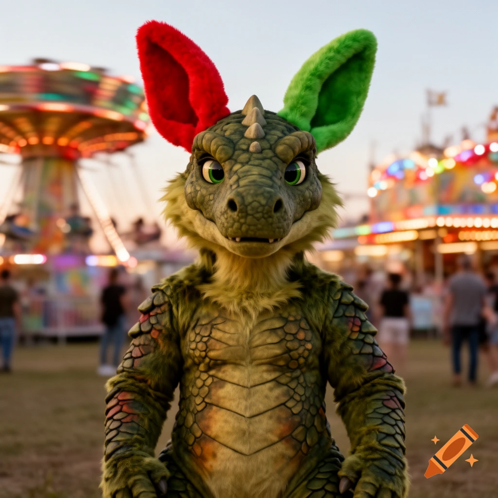 A green dinosaur-like furry character with one red ear and one green ear stands at a lively carnival fairground.