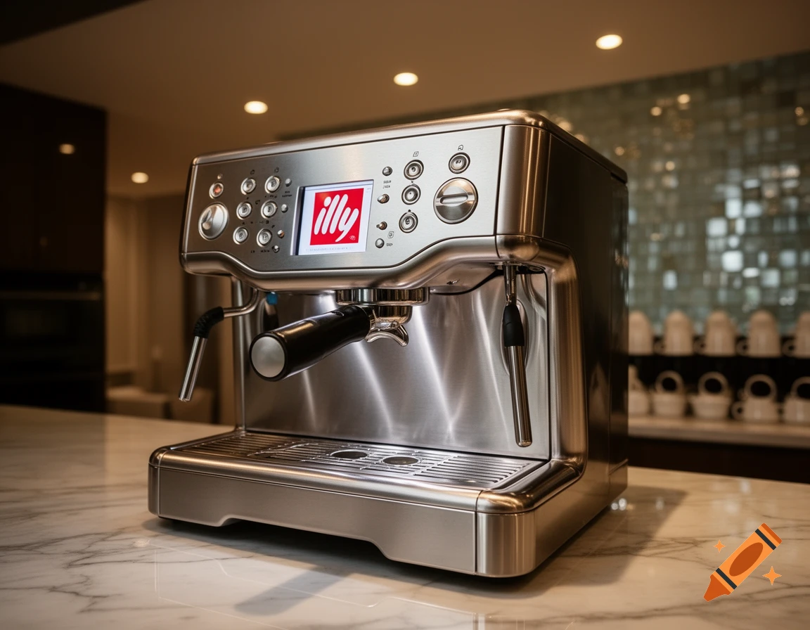A close-up, photorealistic image of a stainless steel Illy espresso machine sitting on a marble countertop.