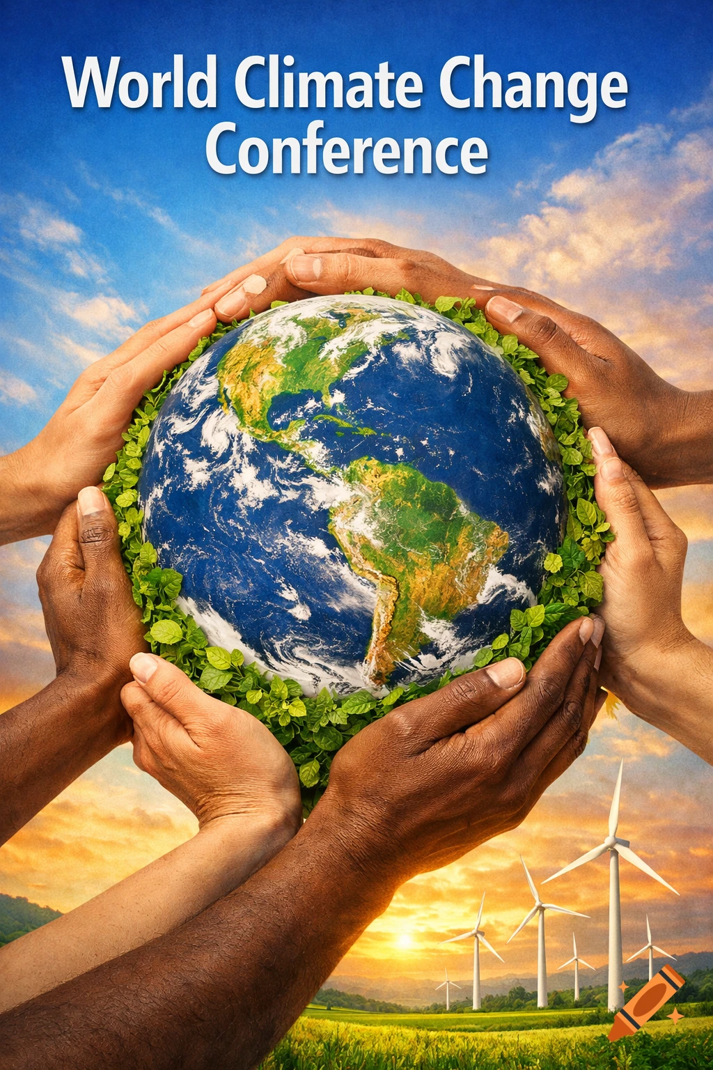Diverse hands cradle a green globe, with 'World Climate Change Conference' text above and wind turbines in a sunset field.