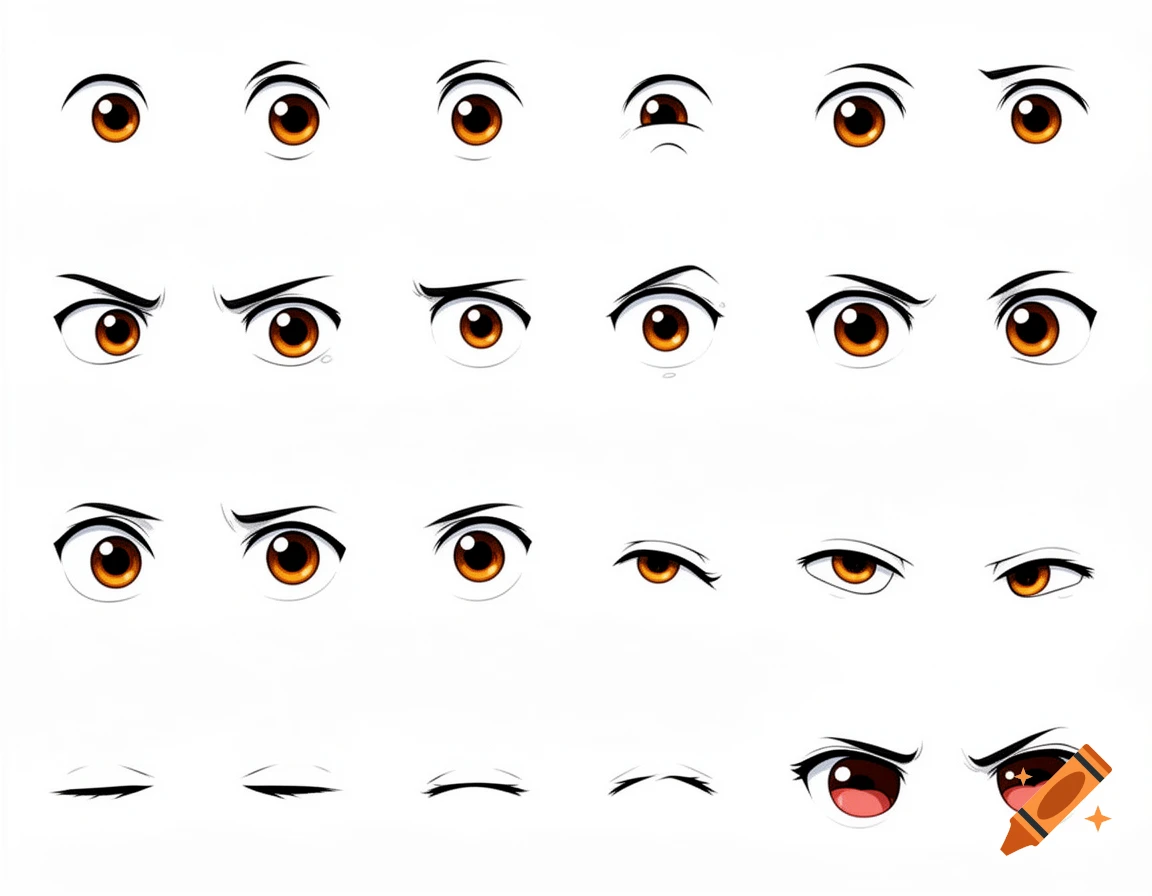 An asset sheet featuring multiple pairs of anime-style eyes displaying various expressions, against a white background.