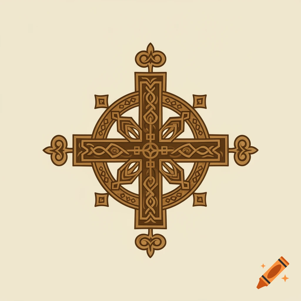 An ornate, symmetrical brown cross with intricate Celtic knot-like patterns on a light beige background.