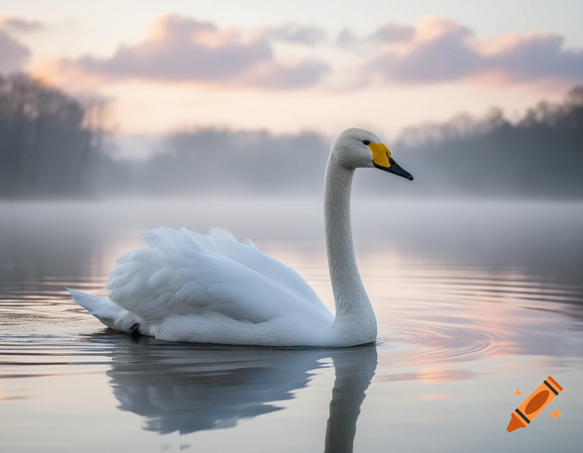 A photorealistic whooper swan with a yellow and black bill floats calmly on a misty lake at dawn with soft clouds.
