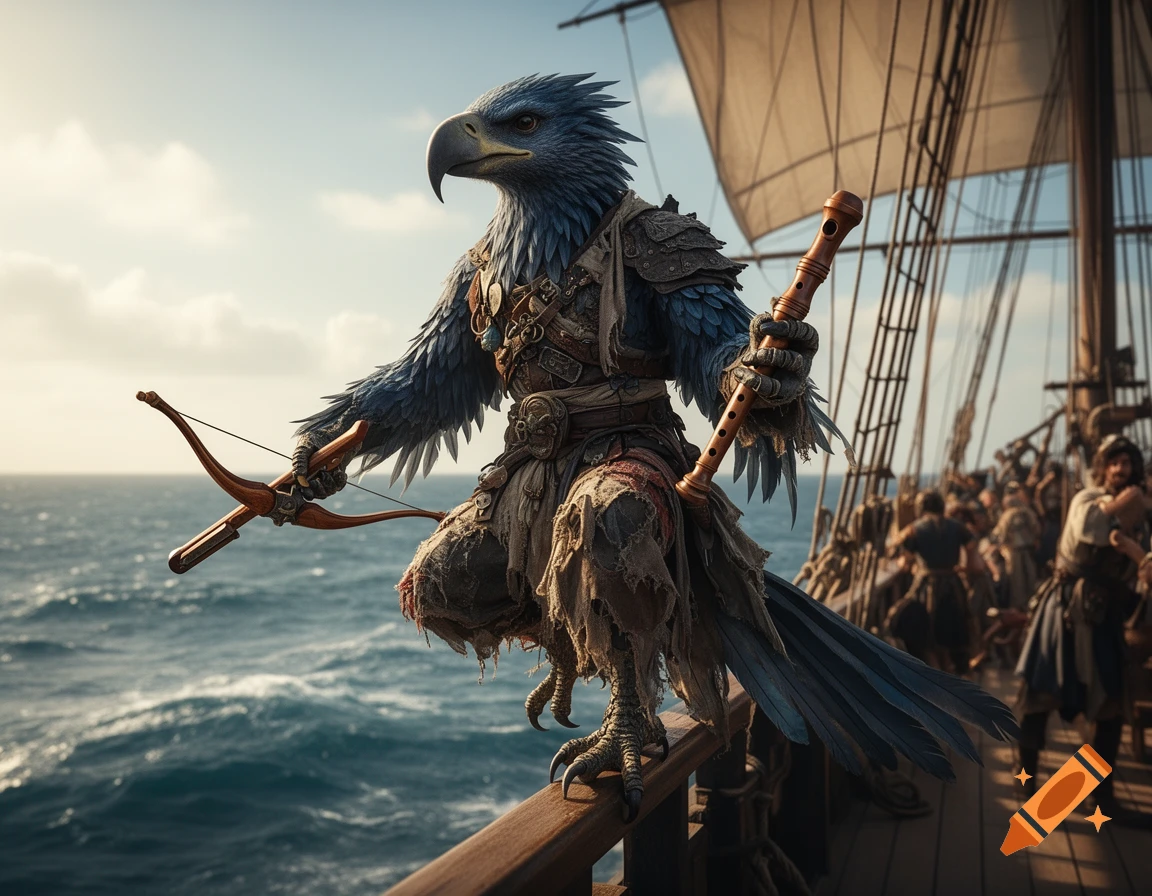 A majestic blue feathered aarakocra pirate monk with a crossbow and a wooden recorder stands on a ship's railing at sea.