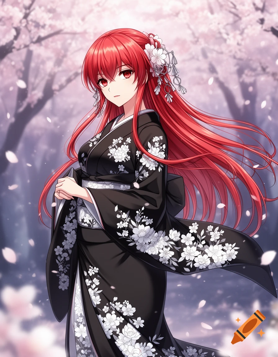 Anime woman with long red hair and red eyes in a black kimono with white floral patterns, surrounded by falling cherry blossoms.