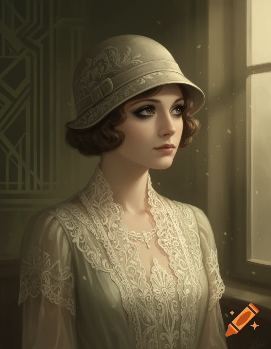 A thoughtful 1920s woman in a cloche hat and lace dress looks out a window in a stylized portrait.