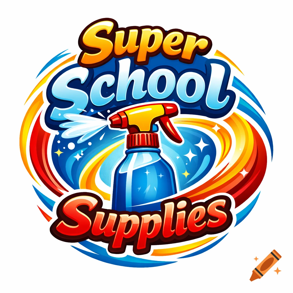 A colorful cartoon logo for 'Super School Supplies' featuring a blue spray bottle spraying water, surrounded by red, orange, and blue swirling lines.