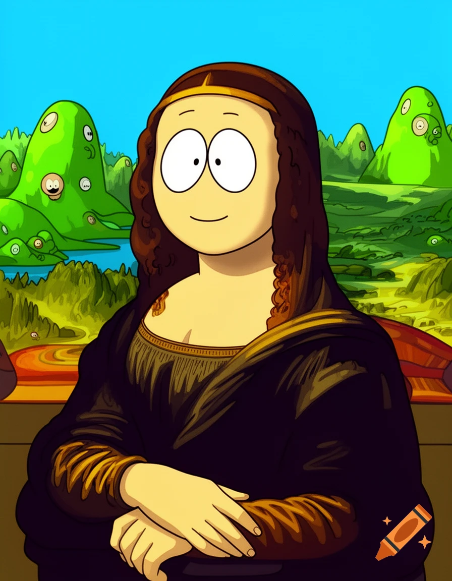Cartoon Mona Lisa in South Park style with a simple smile, set against a surreal green landscape with blob-like hills.