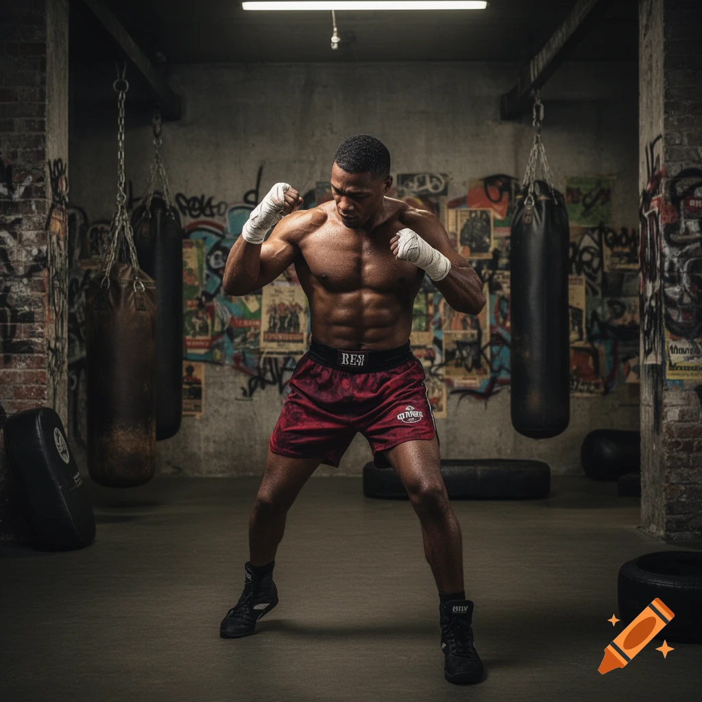 A muscular man with boxing wraps and red shorts in a fighting stance in a gritty boxing gym with punching bags and graffiti.