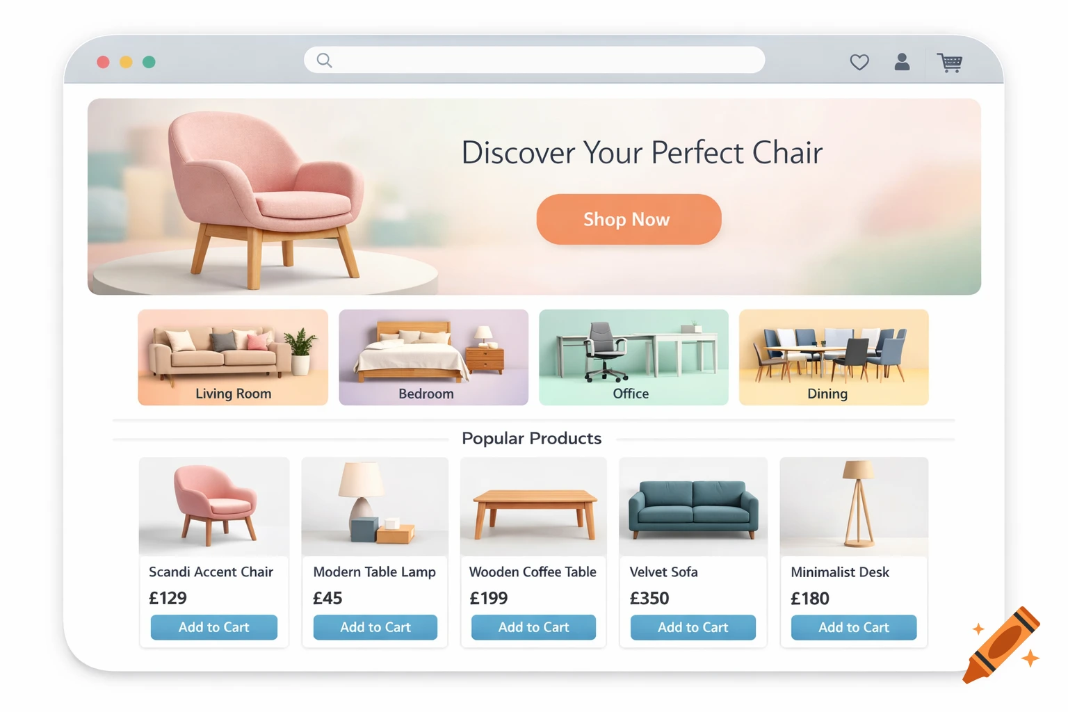 A clean, modern e-commerce website homepage mockup in a rounded browser frame, displaying furniture products and categories.