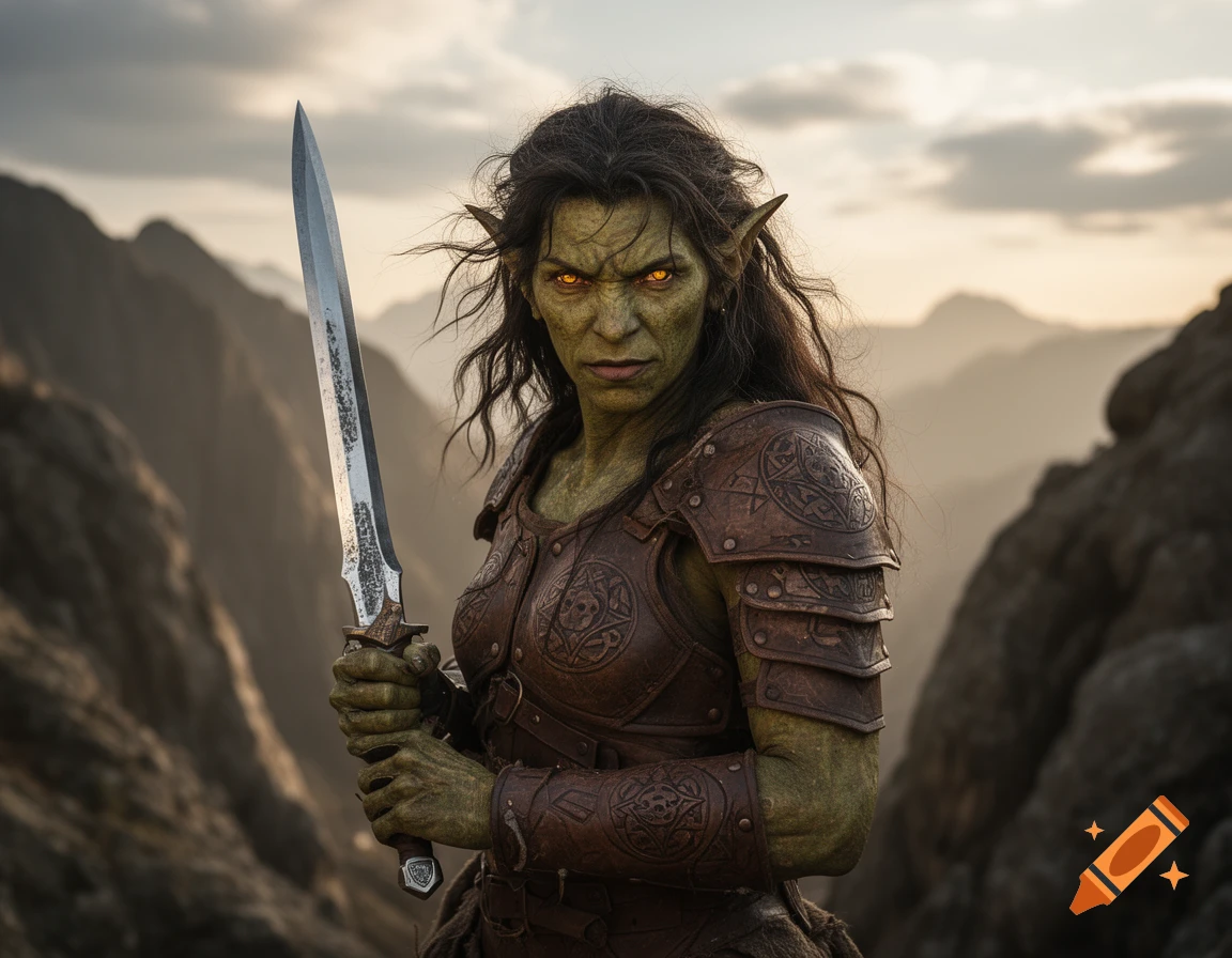 A fierce green-skinned female hobgoblin warrior with glowing orange eyes, clad in intricate leather armor, holding a sword against a mountainous, cloudy background.
