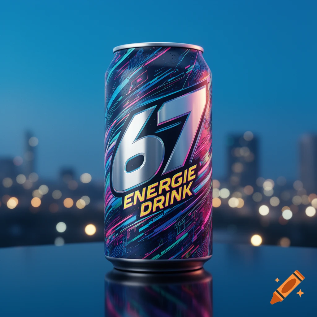 A black energy drink can with vibrant pink and blue abstract patterns, metallic '67' and 'ENERGIE DRINK', on a reflective surface against a blurry city skyline at dusk.