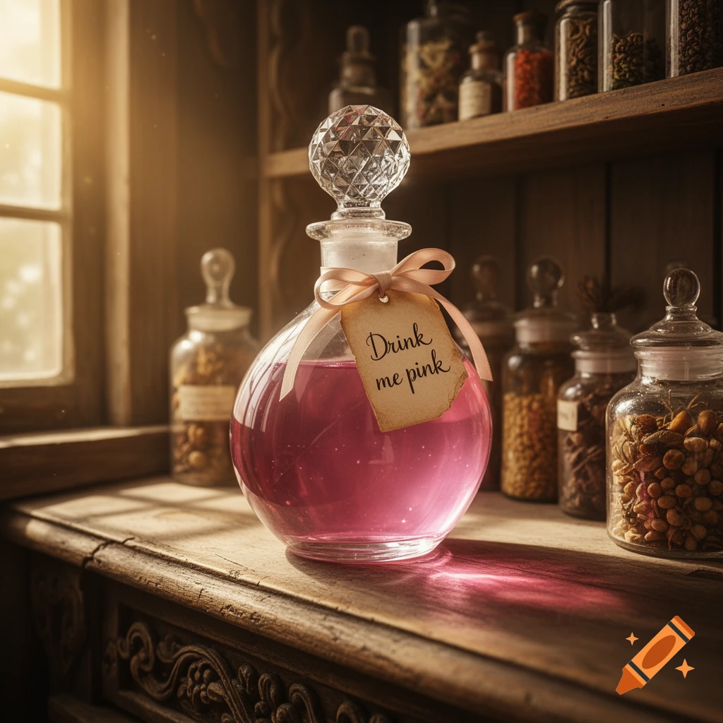 A decorative glass bottle filled with pink liquid, labeled "Drink me pink", sits on a wooden counter with other jars.