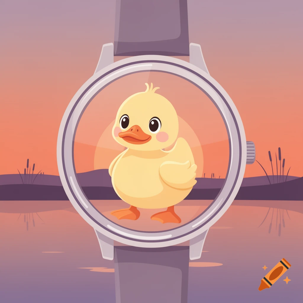 A cute cartoon duck inside a watch face, set against a sunset over a pond.
