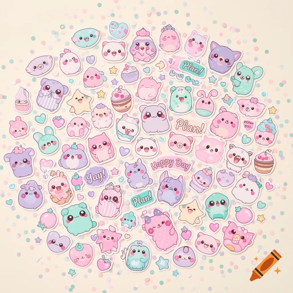 A whimsical collection of pastel-colored kawaii animal and object planner stickers, arranged in a circular pattern on a light background with confetti.