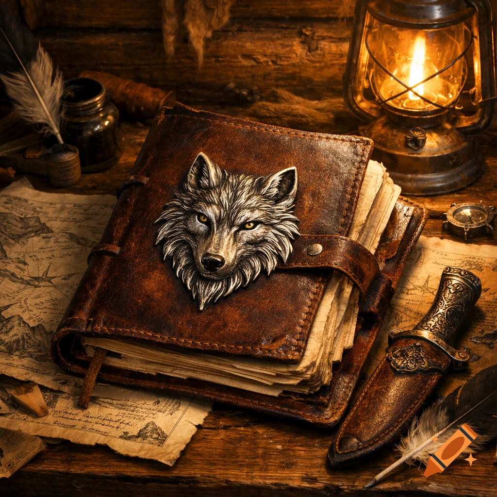 A leather-bound journal with a metallic wolf sigil on its cover, surrounded by old maps, a lit lantern, a quill, an inkwell, and a sheathed dagger on a wooden table.