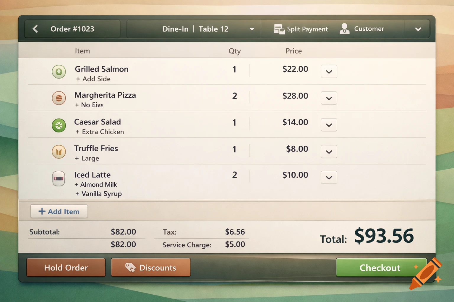 A digital user interface for a restaurant point-of-sale (POS) system showing an order with line items like grilled salmon, Margherita pizza, Caesar salad, truffle fries, and iced latte, along with quantities and prices, subtotal, tax, service charge, and total, with action buttons at the bottom.