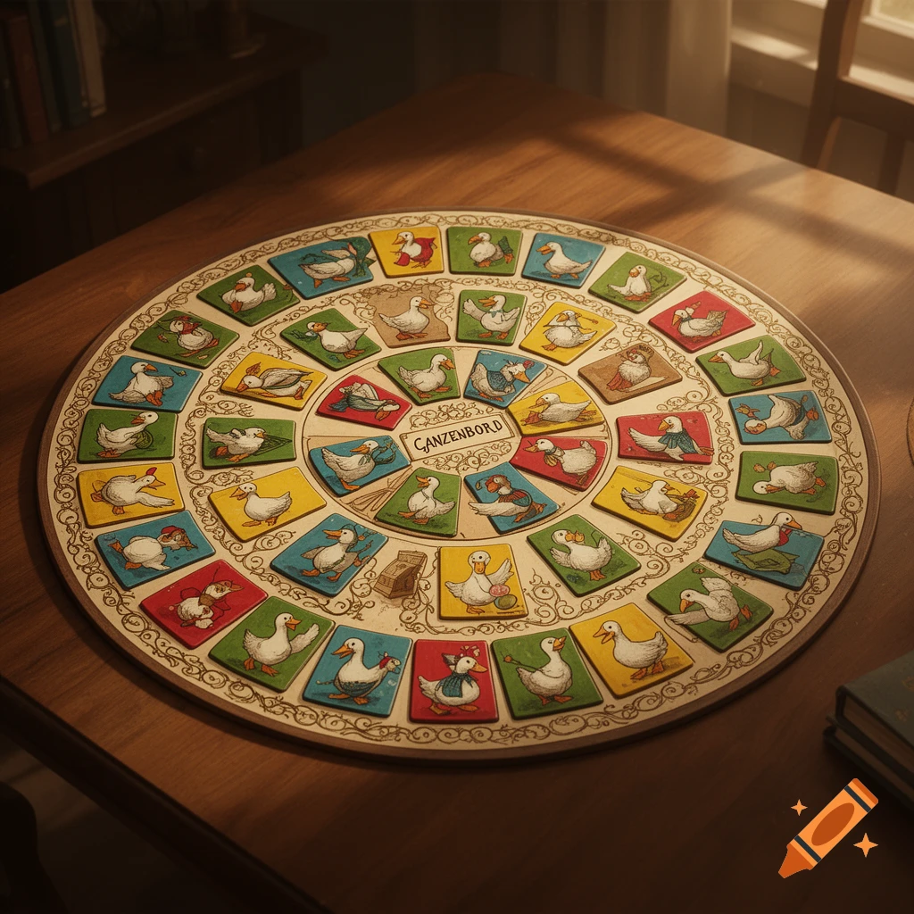 A top-down view of a round 'Ganzenbord' (Game of the Goose) board game on a wooden table, featuring illustrated squares with ducks.