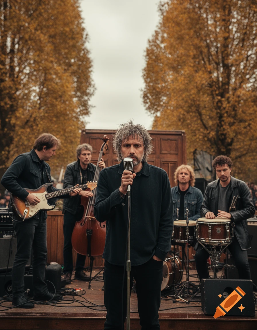 A band performs outdoors on a wooden stage, with a lead singer holding a vintage microphone and autumn trees in the background.