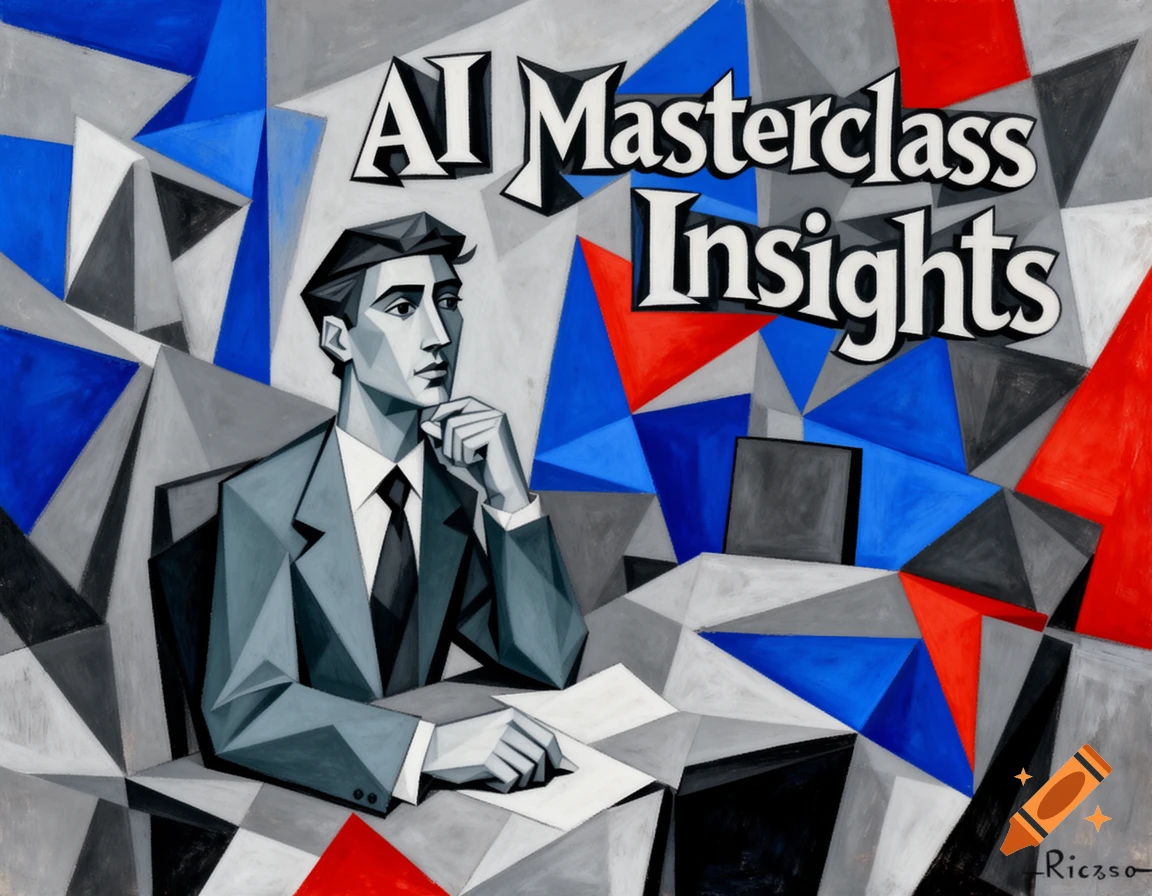 Cubist painting of a man in a suit pondering at a desk, surrounded by geometric shapes in blue, red, and gray with text 'AI Masterclass Insights'.