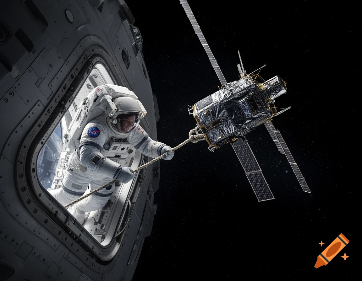 An astronaut in a spacesuit pulls a satellite with a rope through an open hatch of a spacecraft in deep space. Photorealistic style.