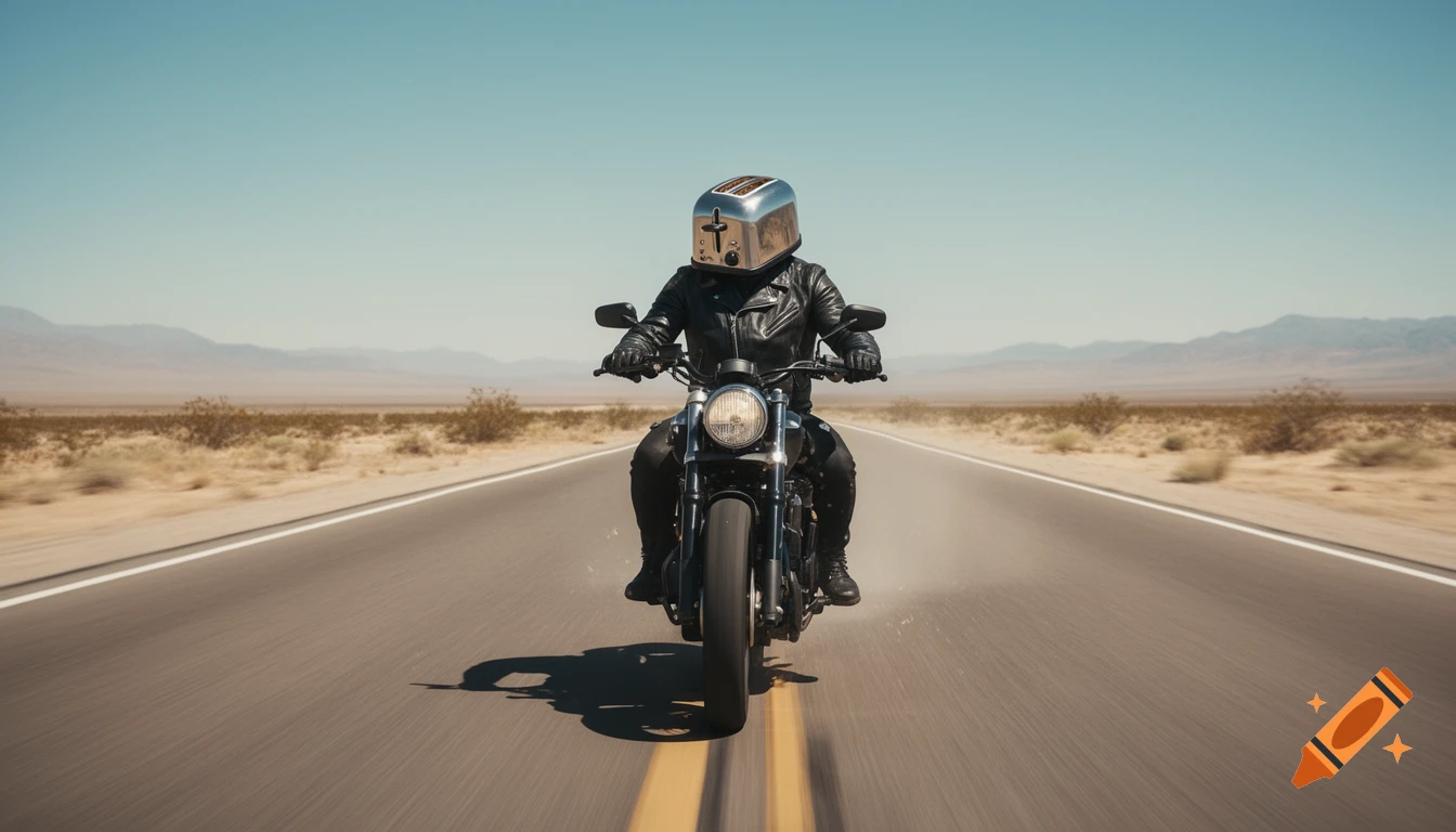 A motorcycle rider wearing a toaster helmet rides down a desert road under a clear sky.