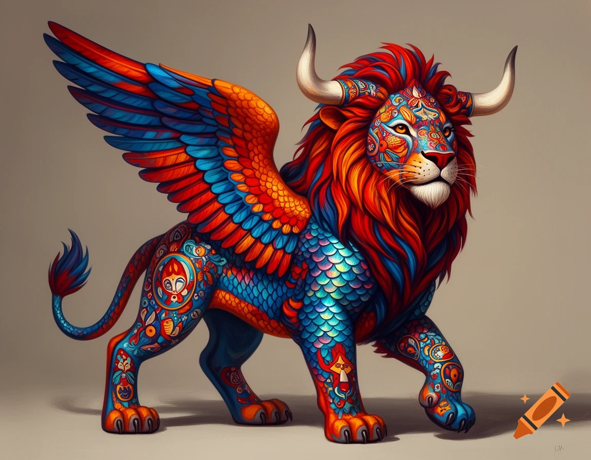 Vibrant alebrije hybrid creature combining lion, parrot, fish, and cow, adorned with colorful Mexican folk art patterns.