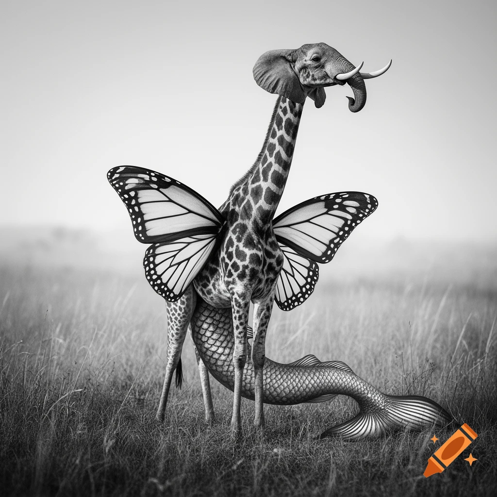 A black and white image of a fantastical creature with an elephant's head, a giraffe's body, butterfly wings, and a fish's tail, standing in a grassy field.