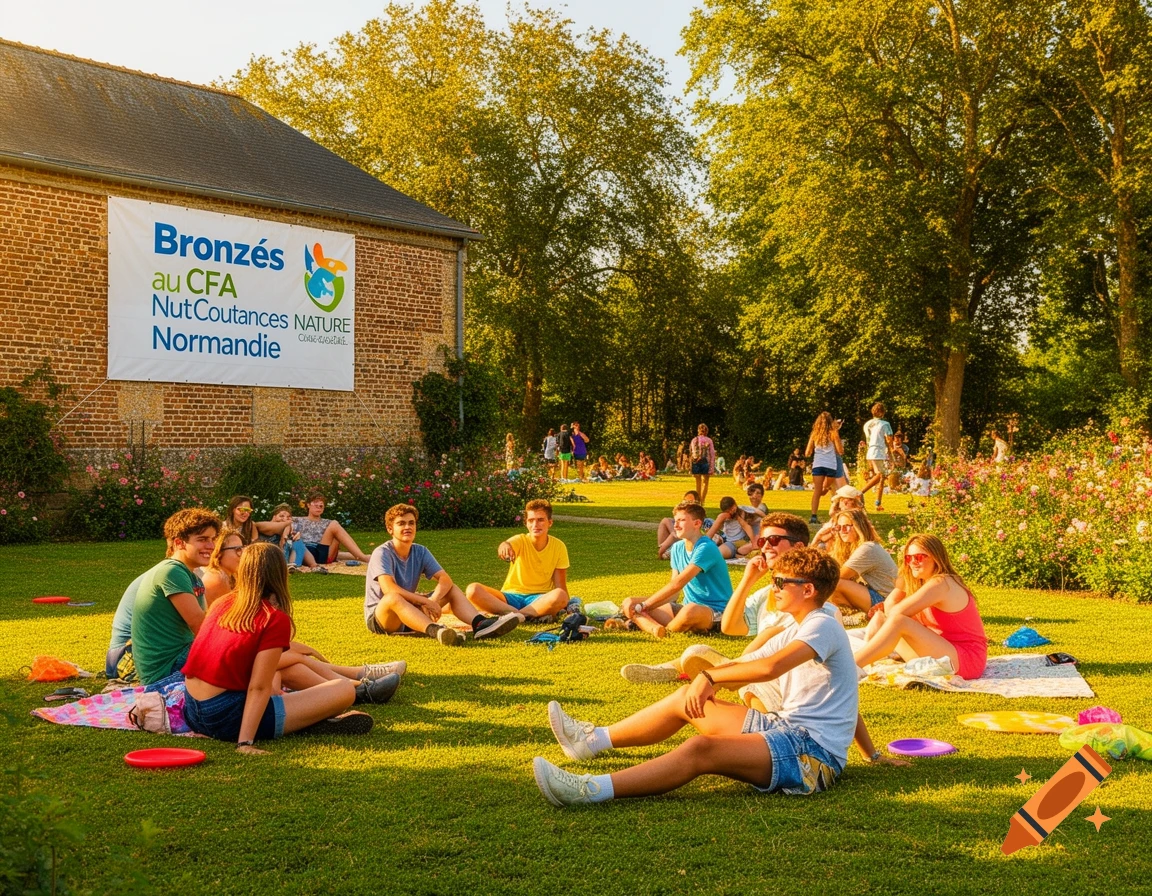 A group of young people relax on a sunny grass lawn with a banner on a brick building in the background.