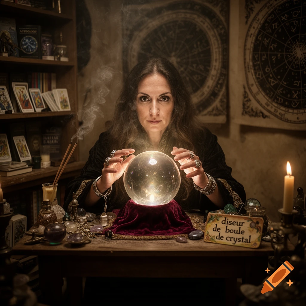 A mysterious woman in a dark robe gazes intently, hands over a glowing crystal ball on a velvet cushion, surrounded by occult items.