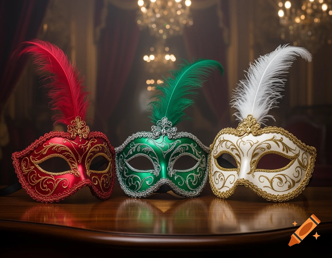 Three ornate Venetian carnival masks, red, green, and white, each adorned with a feather, sit on a polished wooden surface.