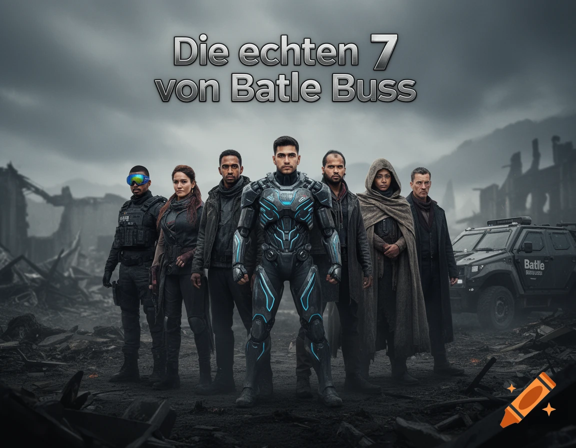 A group of six diverse, serious-looking individuals in tactical and futuristic gear stand in a destroyed, apocalyptic city landscape. Text at the top reads 'Die echten 7 von Batle Buss'.