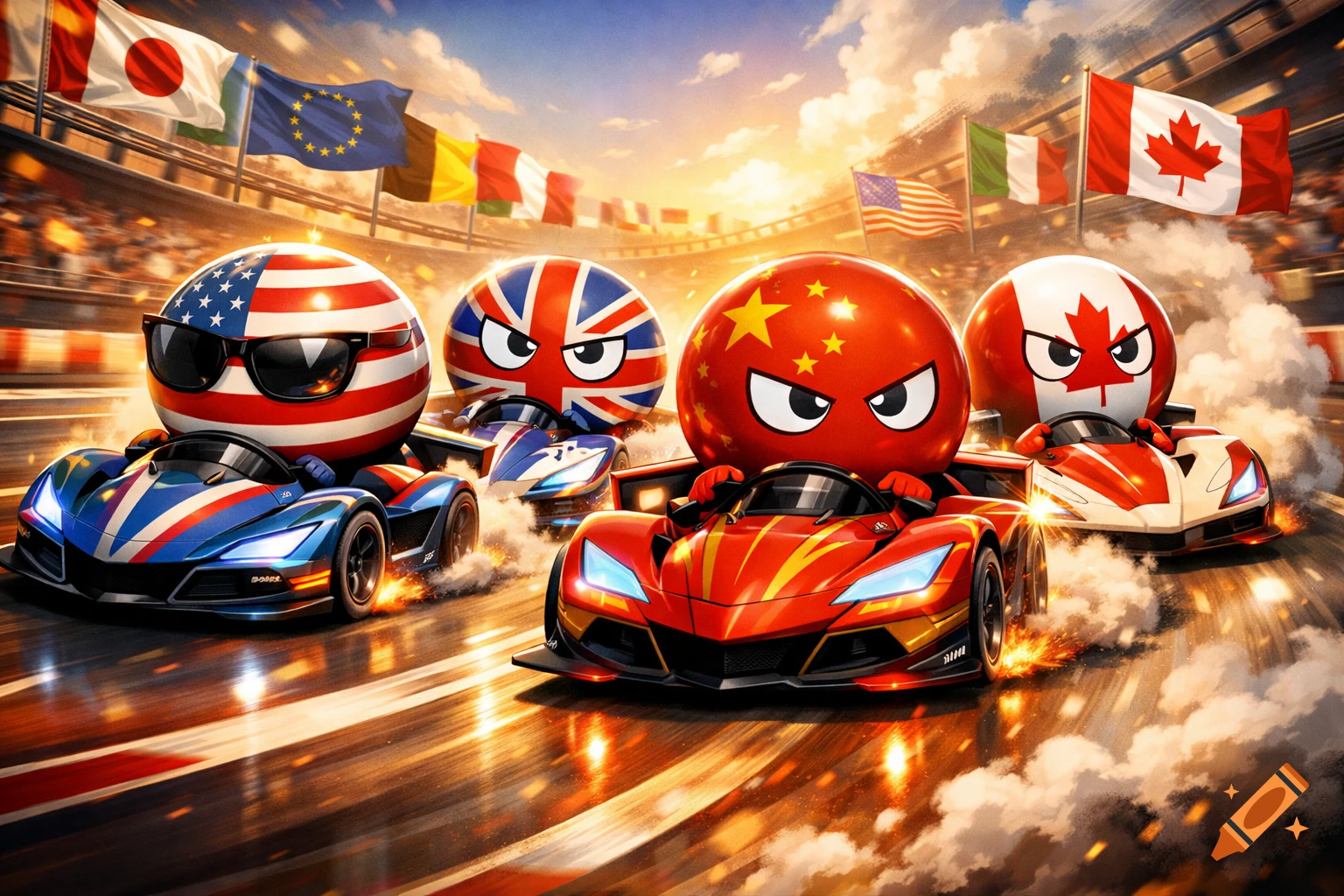 Cartoon countryball characters representing USA, UK, China, and Canada race in sleek cars on a track with national flags overhead.