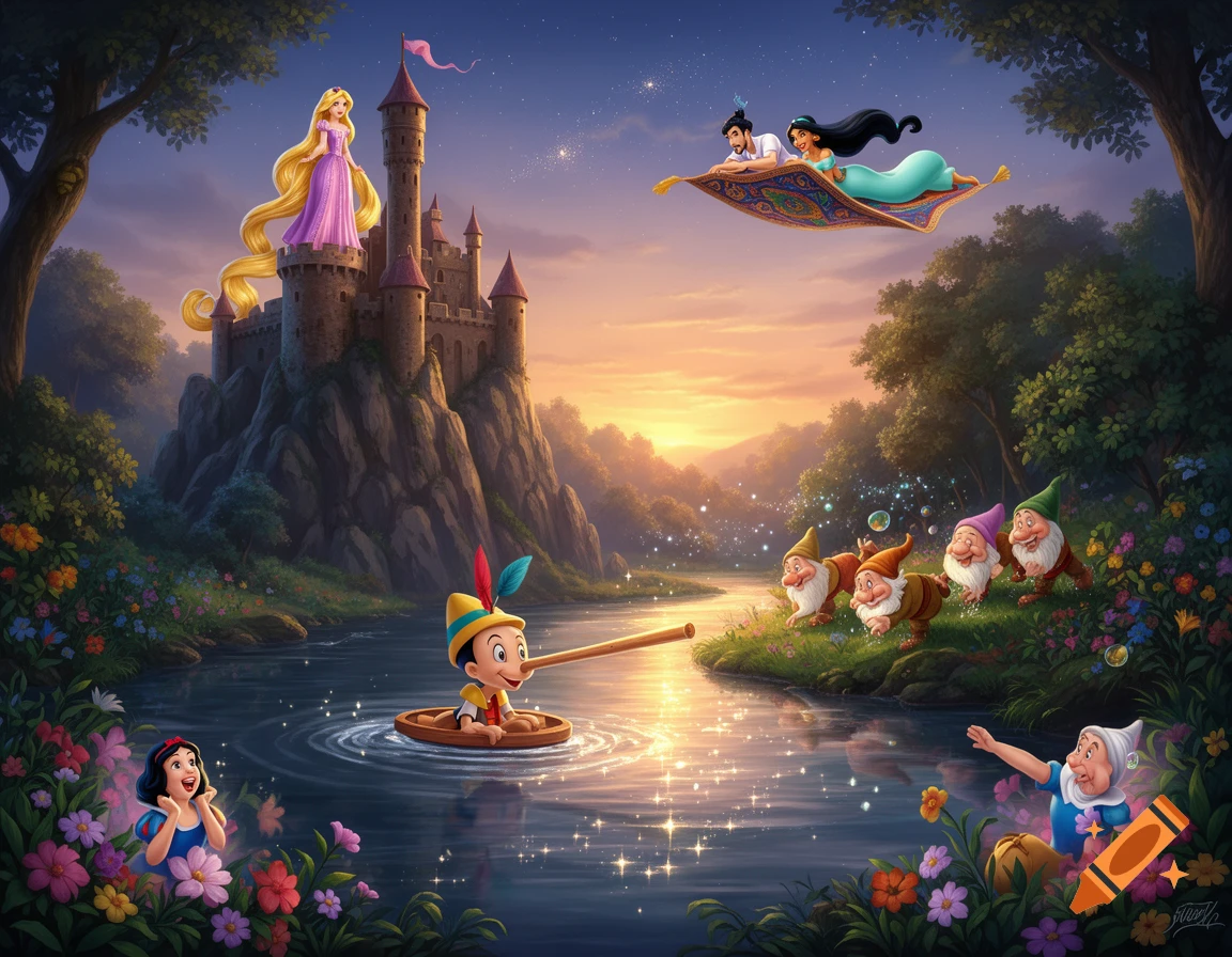 Colorful illustration of multiple fairy tale characters in an enchanted landscape at sunset. Rapunzel is on a castle, Pinocchio in a boat on a river, Aladdin and Jasmine fly on a magic carpet, while Snow White and dwarfs interact by the water.