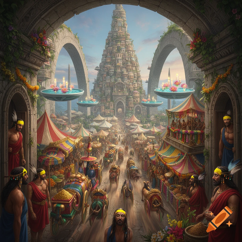A vibrant fantasy marketplace in Atlantis, beneath grand arches, leading to a towering city of stacked homes with colorful carts and floating candle ponds.