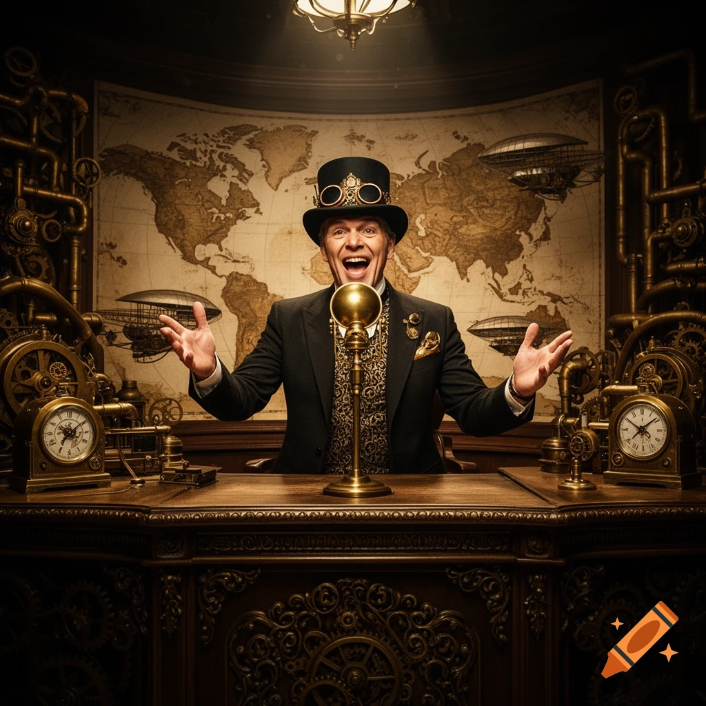 A smiling steampunk man in a top hat and suit, standing behind a detailed desk with a microphone, gesturing enthusiastically in front of a world map and elaborate machinery.
