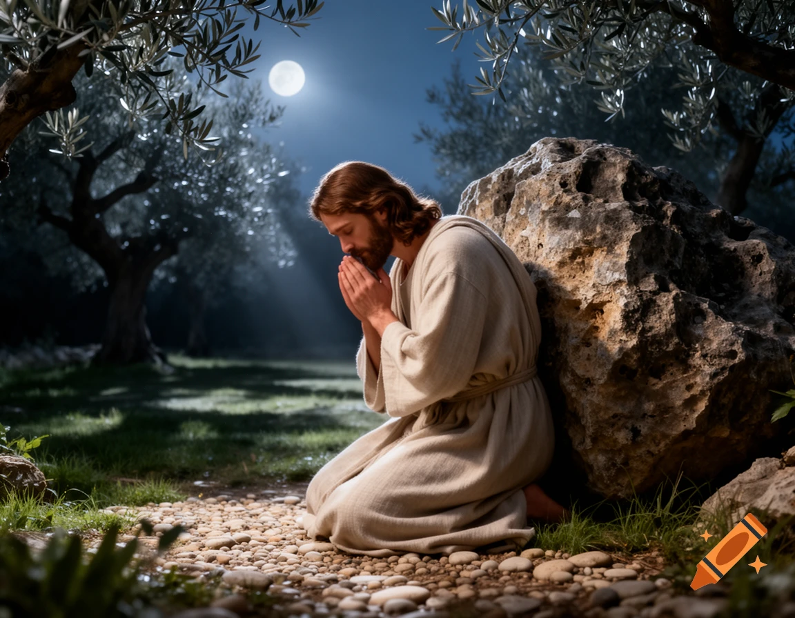 Jesus, with long brown hair and beard, kneels in prayer beside a large rock in a moonlit olive garden at night.