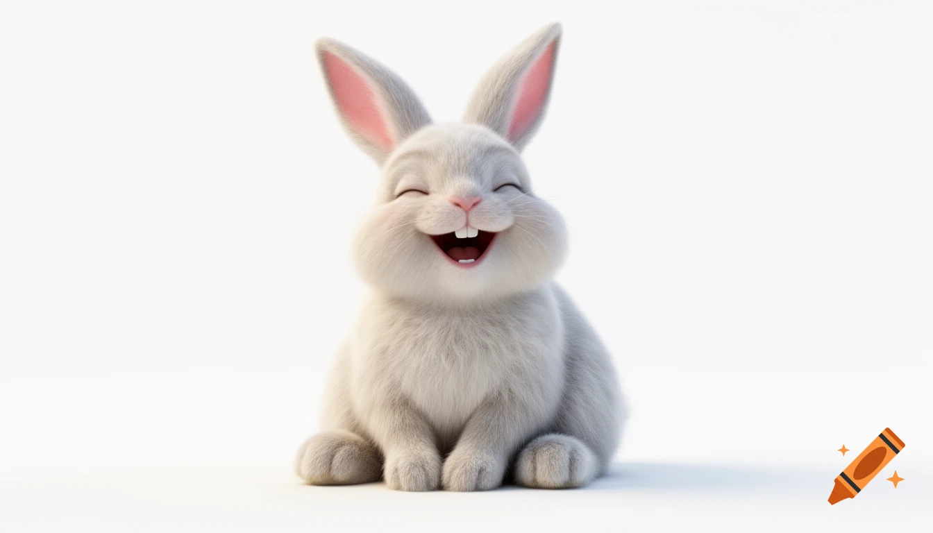 A fluffy white cartoon rabbit with pink ears, cheeks, and nose, sitting and laughing heartily with its eyes closed, on a clean white background.
