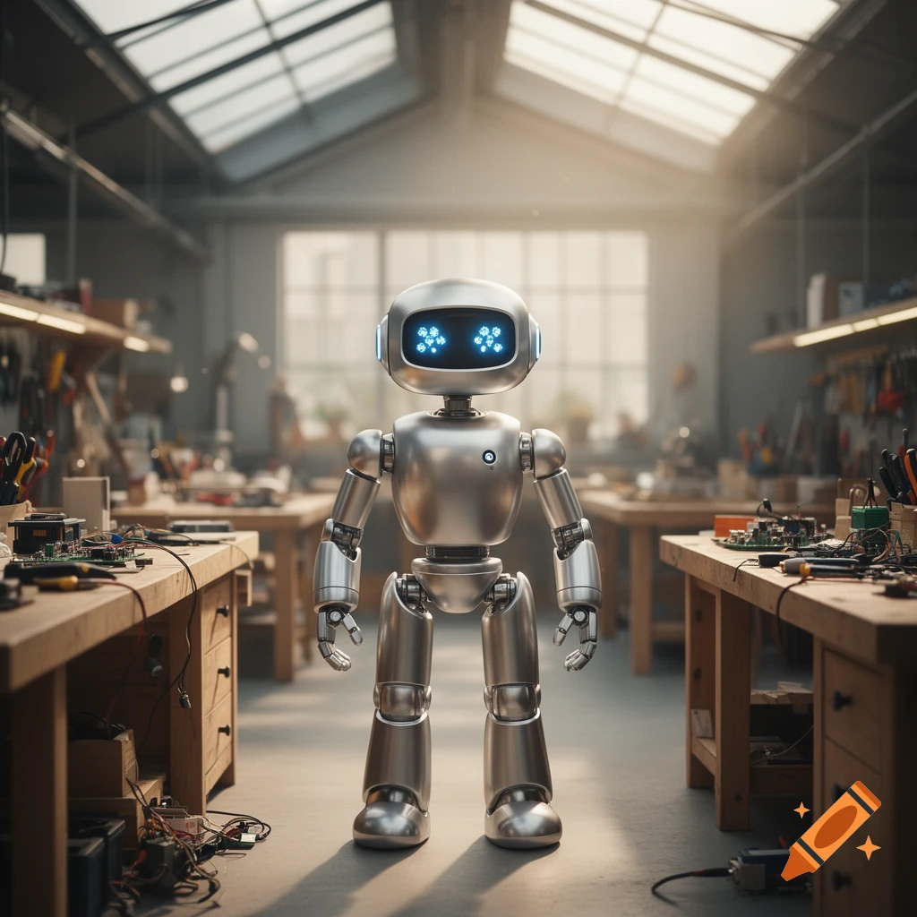 A shiny silver robot with glowing blue eyes stands in the center of a well-lit workshop with tools and electronic components.