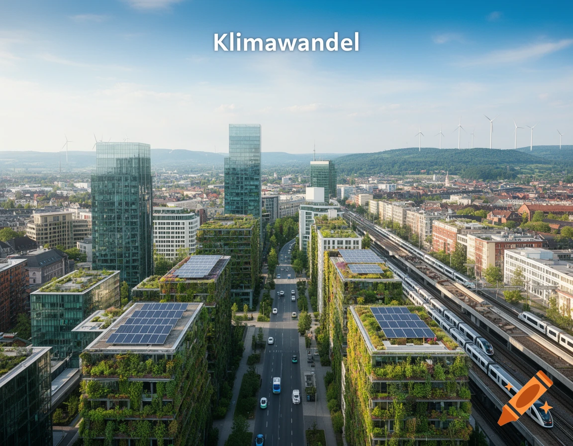 Aerial view of a sustainable city with green buildings, solar panels, trains, and distant wind turbines, with 'Klimawandel' text.