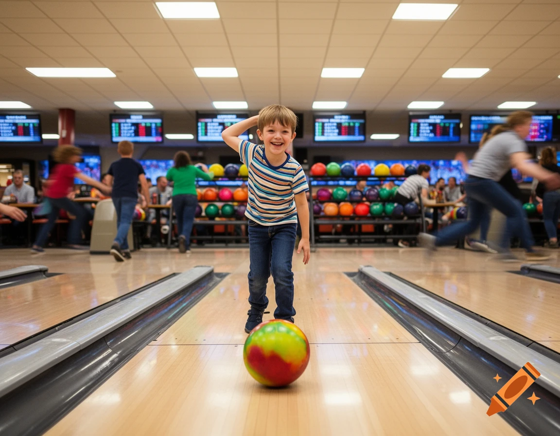 A smiling young boy stands with a bowling ball on a lane in a busy bowling alley.
